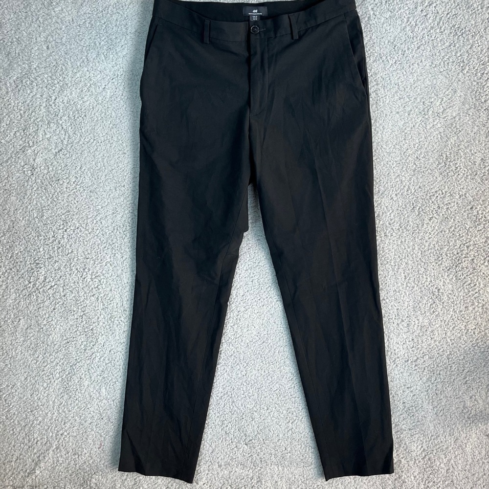 H&M Mens Slim Fit Trousers Black Flat Front Chino Pants Size 33 x 31